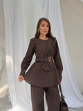 Kadın Gold Tokalı Fiyonk Detaylı Peplum Bluz Bol Paça Pantolonlu Takım 3152 - Kahverengi
