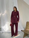 Kadın Gold Tokalı Fiyonk Detaylı Peplum Bluz Bol Paça Pantolonlu Takım 3152 - Bordo