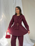 Kadın Gold Tokalı Fiyonk Detaylı Peplum Bluz Bol Paça Pantolonlu Takım 3152 - Bordo