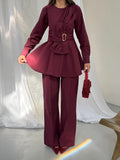 Kadın Gold Tokalı Fiyonk Detaylı Peplum Bluz Bol Paça Pantolonlu Takım 3152 - Bordo
