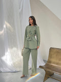 Kadın Gold Tokalı Fiyonk Detaylı Peplum Bluz Bol Paça Pantolonlu Takım 3152 - Yeşil