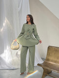 Kadın Gold Tokalı Fiyonk Detaylı Peplum Bluz Bol Paça Pantolonlu Takım 3152 - Yeşil