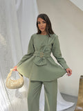 Kadın Gold Tokalı Fiyonk Detaylı Peplum Bluz Bol Paça Pantolonlu Takım 3152 - Yeşil