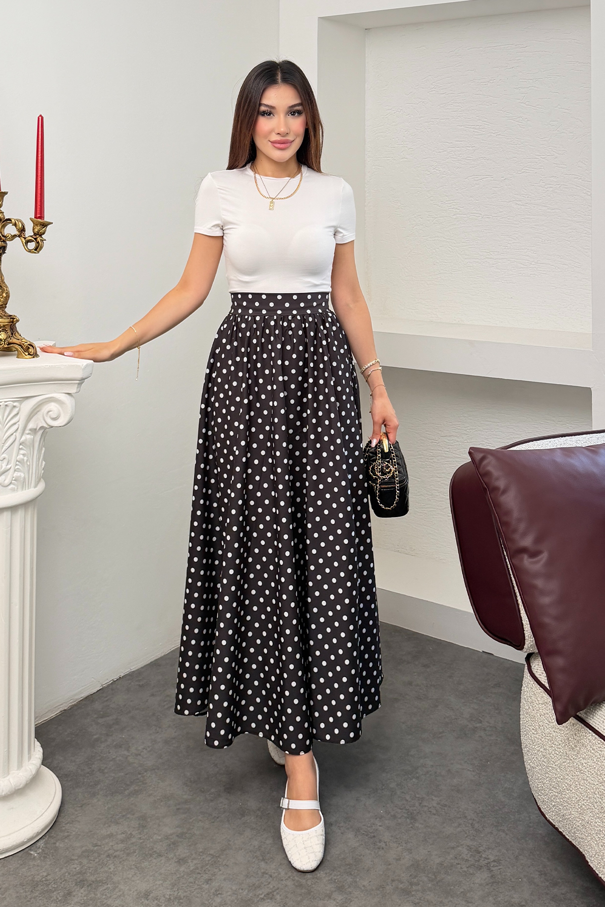 Poplin Kumaş Arka Beli Lastikli Düz Kesim Puantiyeli Maxi Etek 9075 - Siyah