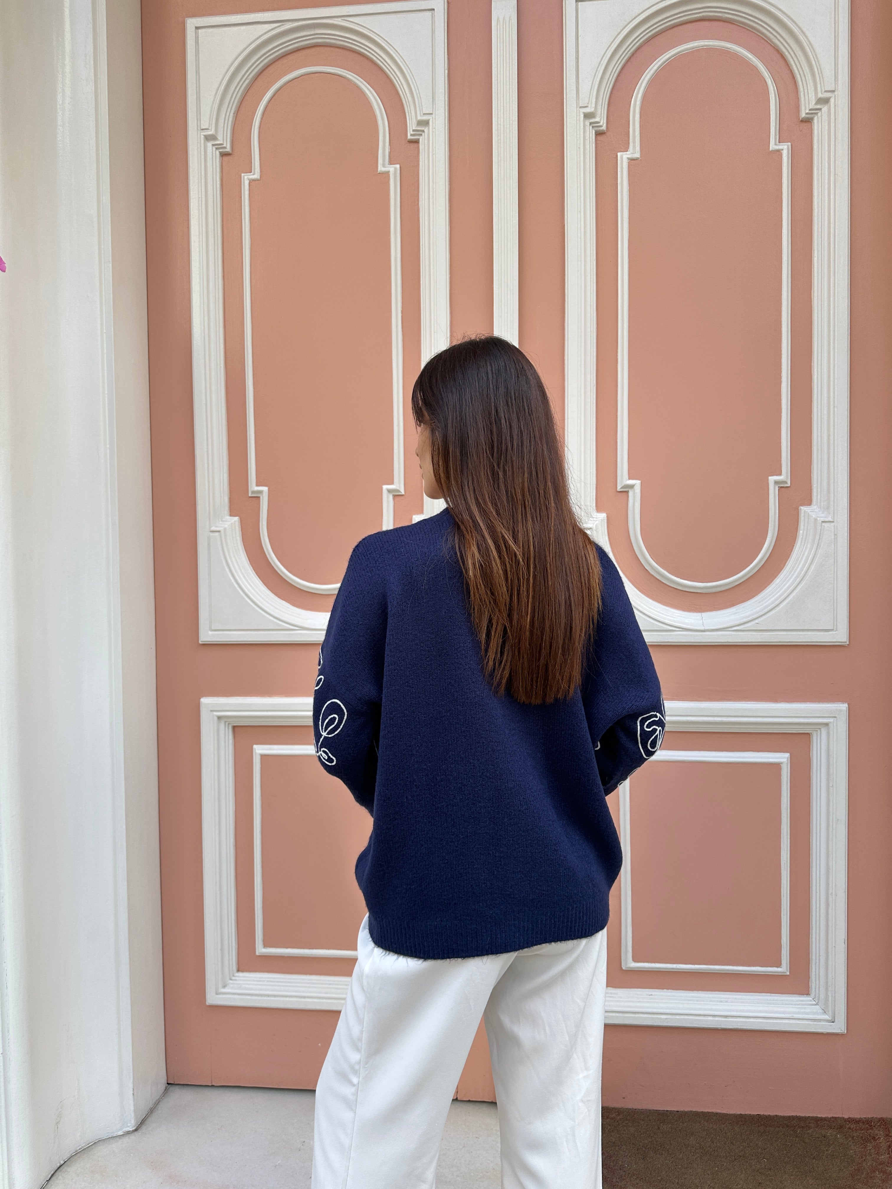 Nakışlı Oversize Yumuşak Dokulu Şardonlu Triko Kazak 2626 - Lacivert