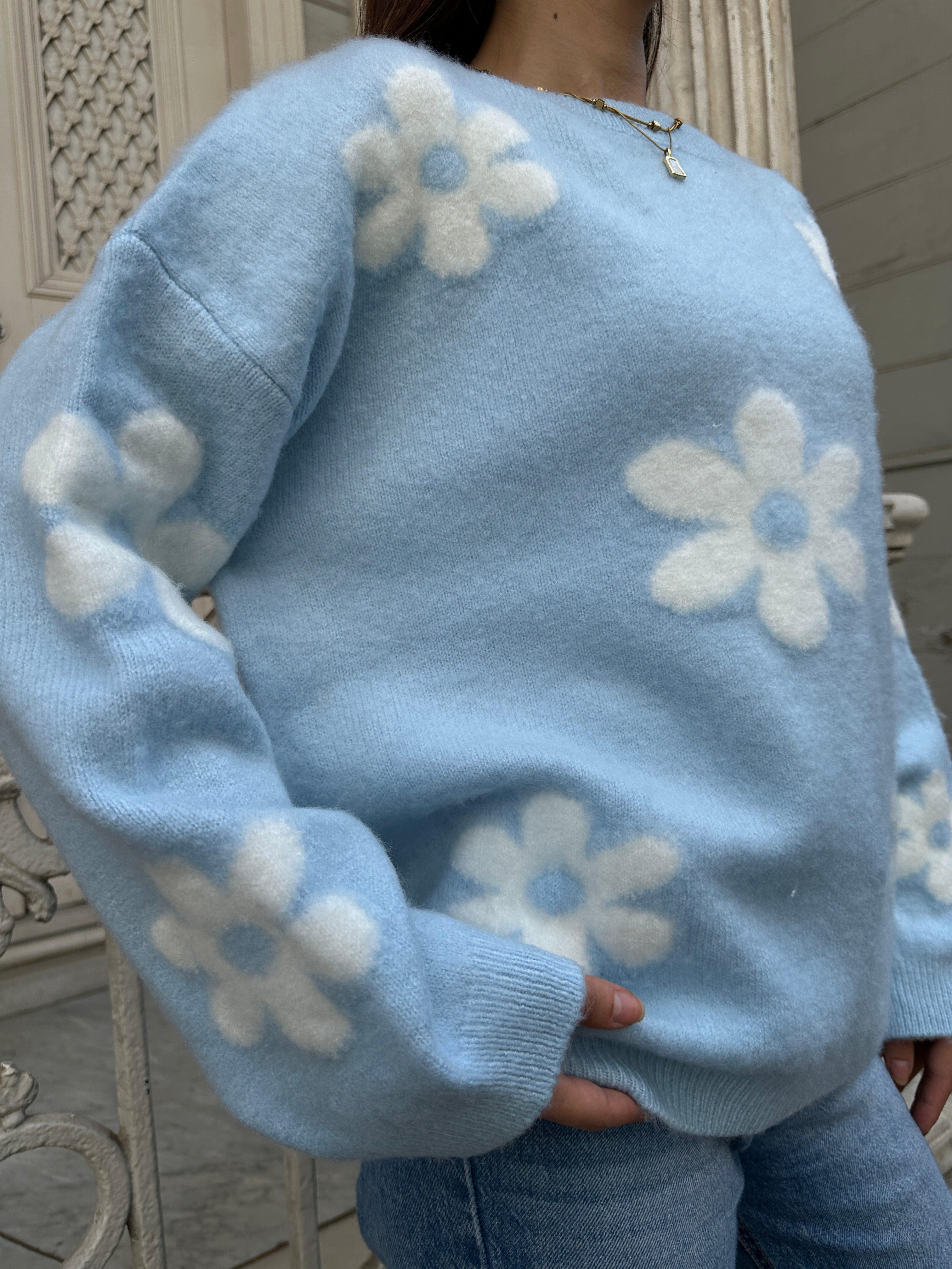 Papatya Desenli Oversize Yumuşak Dokulu Şardonlu Triko Kazak 1150 - Mavi