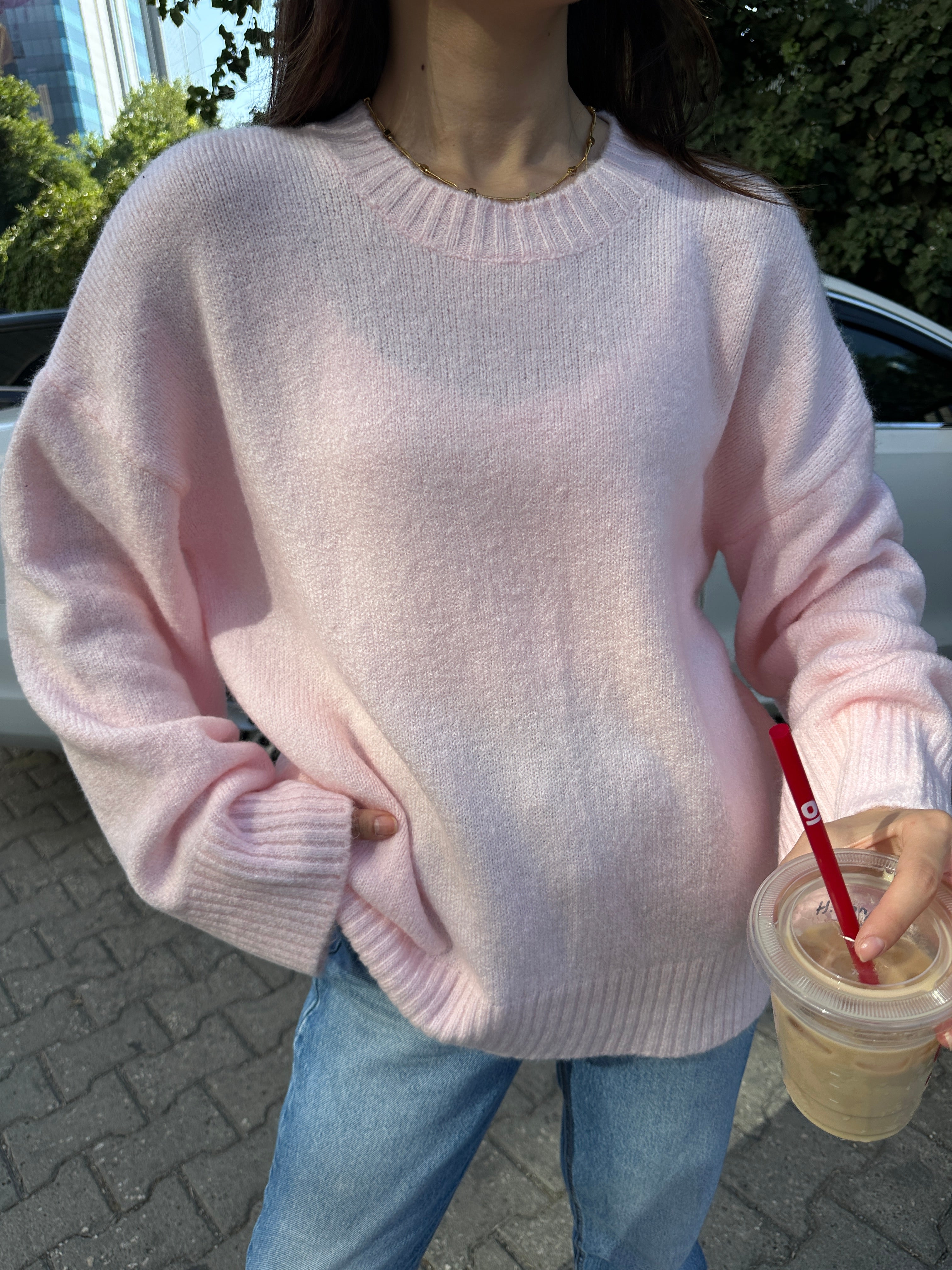 Oversize Salaş Yumuşak Dokulu Şardonlu Triko Kazak 2623 - Pembe