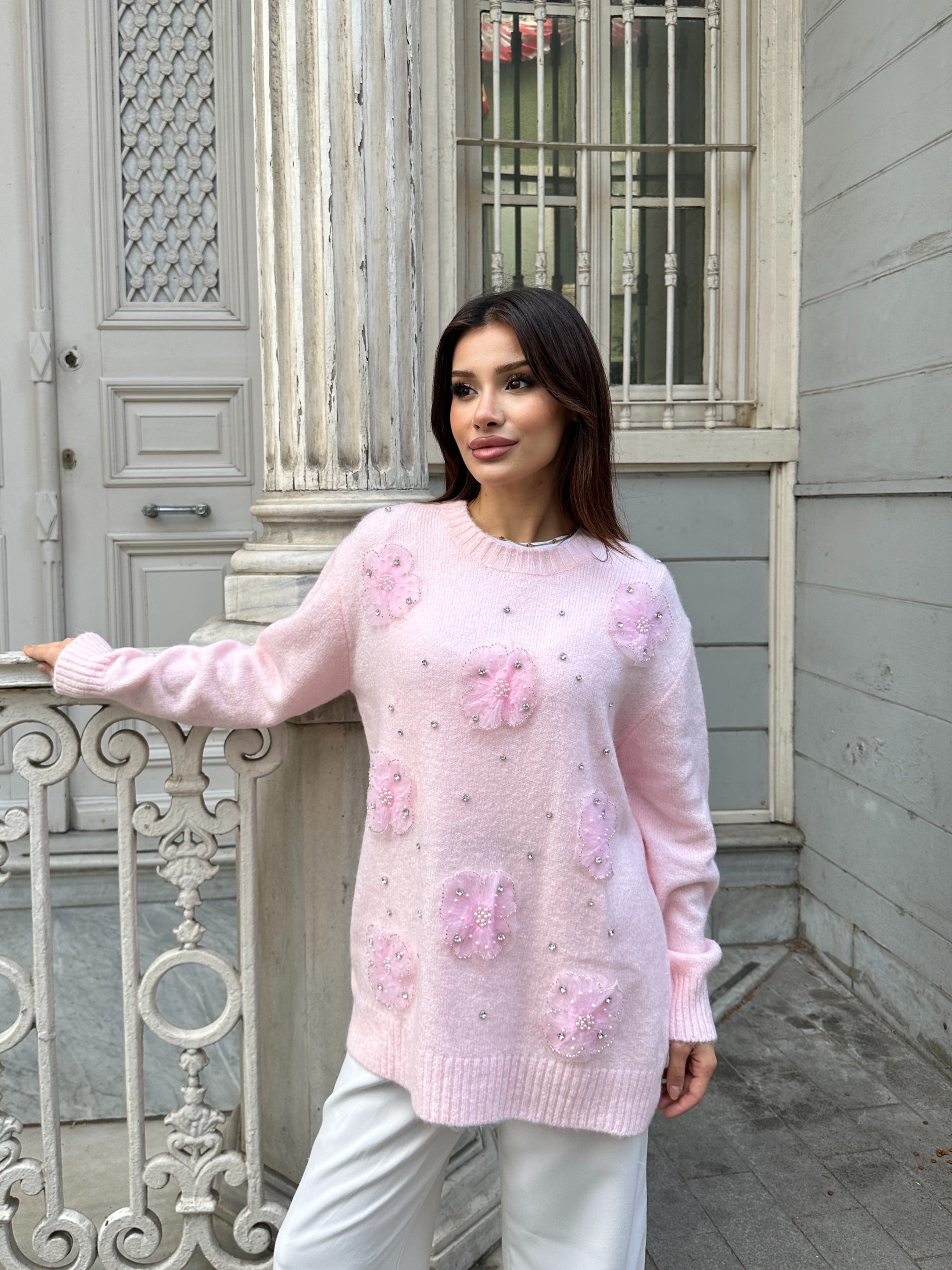 İnci Detaylı Organze Çiçek Yumuşak Dokulu Triko Kazak 2628 - Pembe