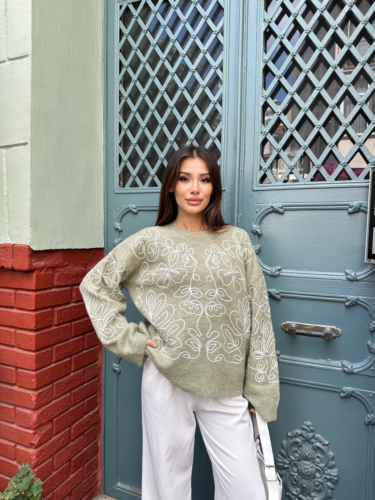 Nakışlı Oversize Yumuşak Dokulu Şardonlu Triko Kazak 2626 - Yeşil