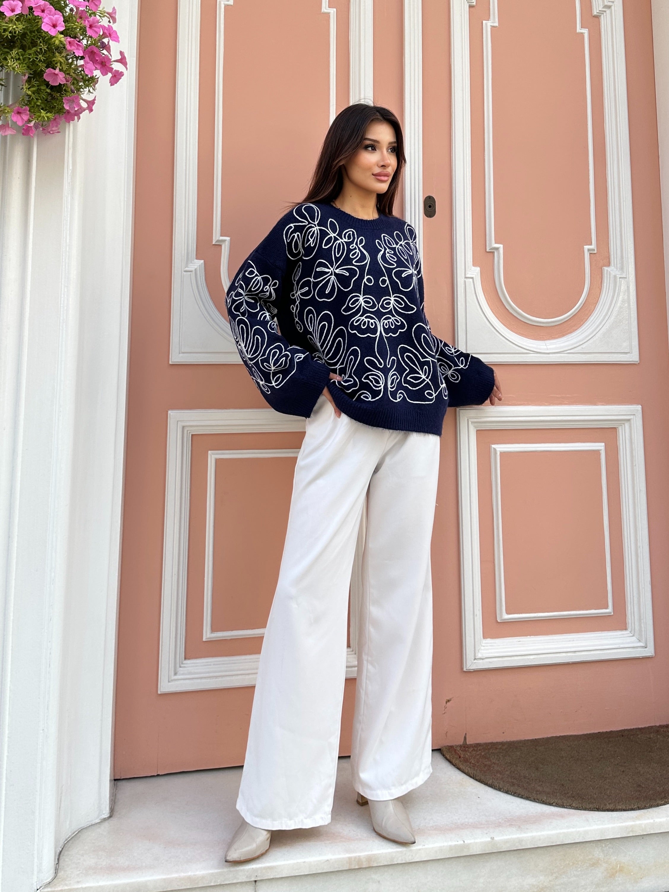 Nakışlı Oversize Yumuşak Dokulu Şardonlu Triko Kazak 2626 - Lacivert