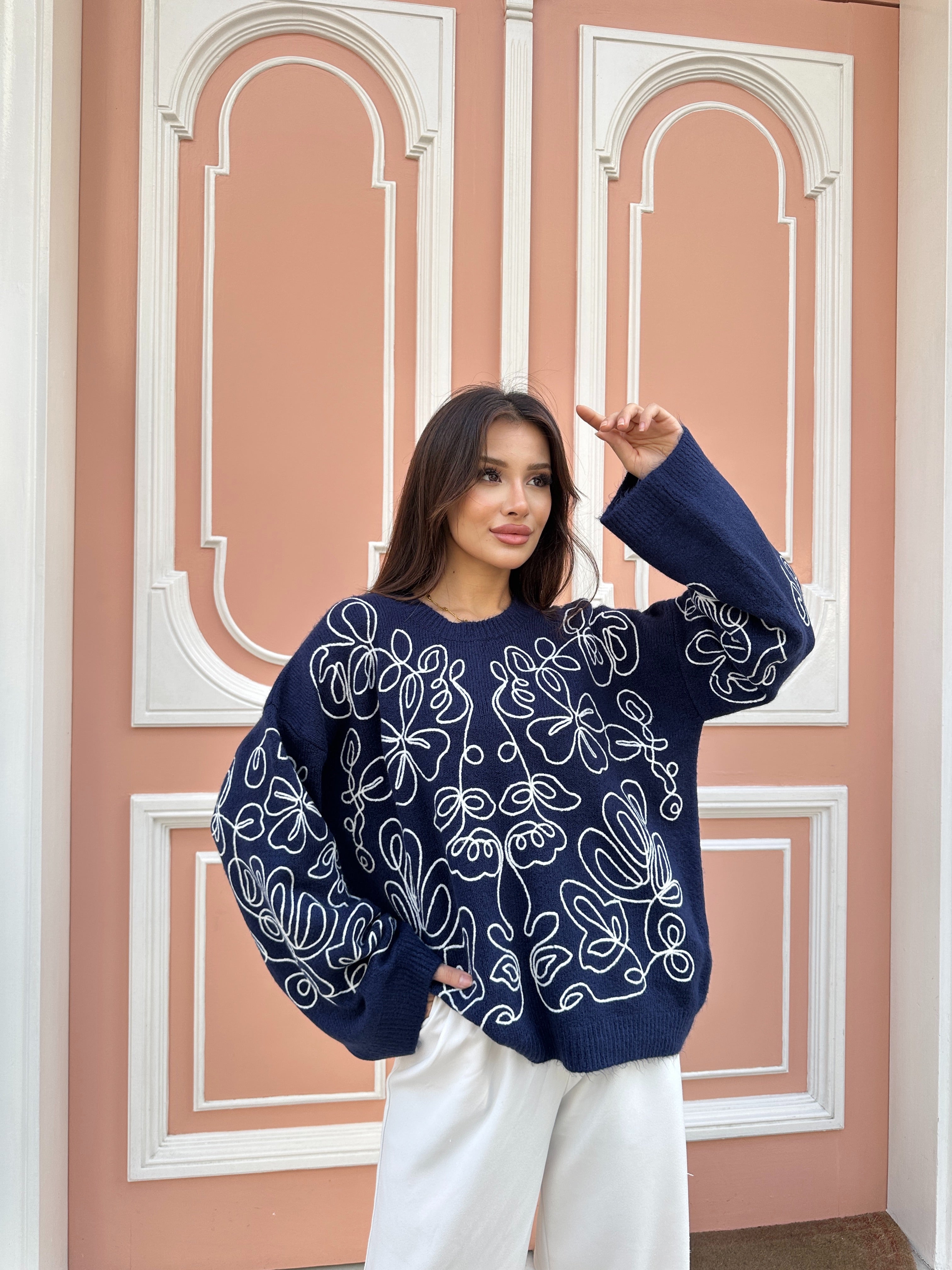 Nakışlı Oversize Yumuşak Dokulu Şardonlu Triko Kazak 2626 - Lacivert