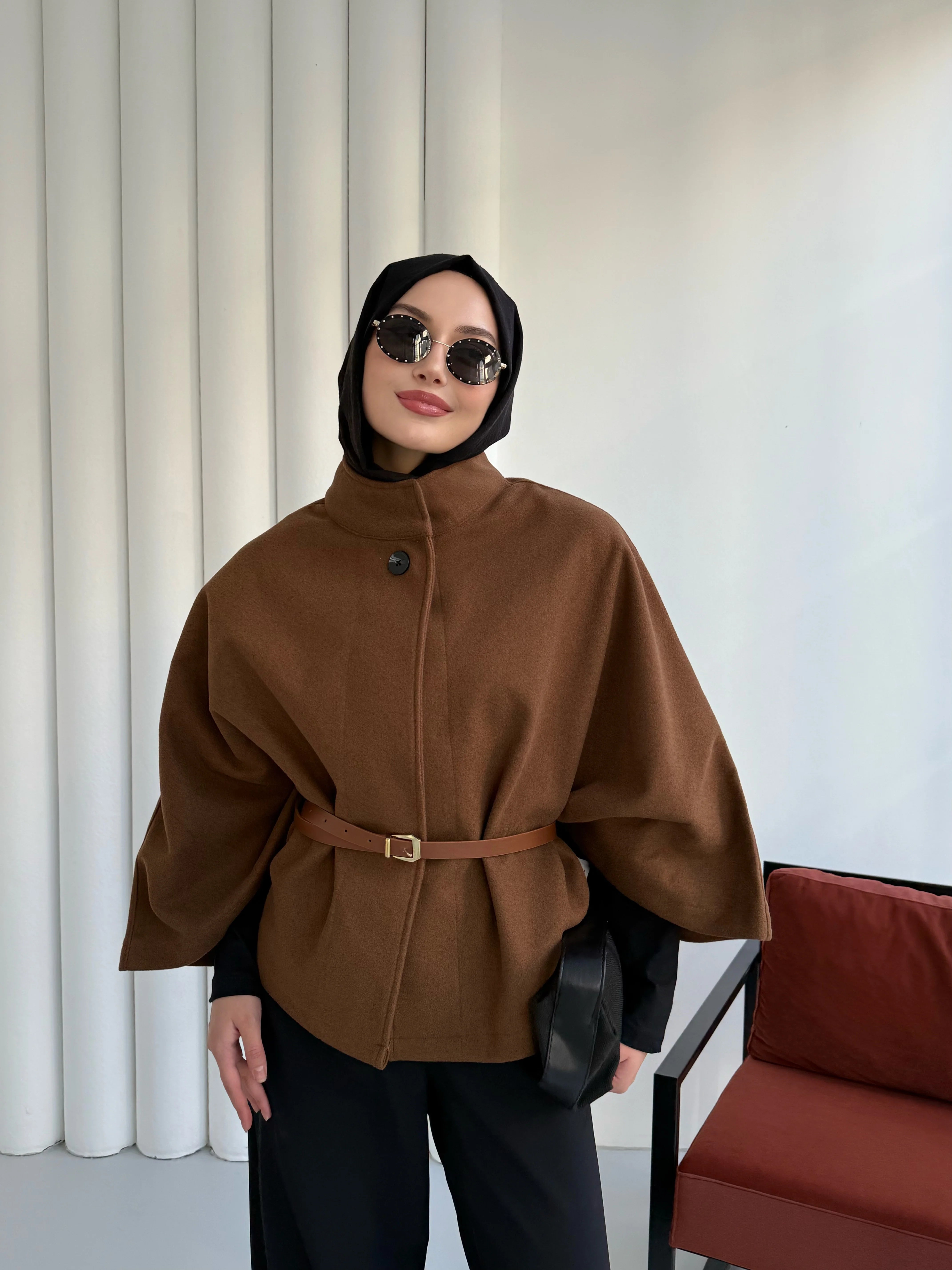 Hatun Atila Kaşe Pelerin Panço Kahverengi - 8720