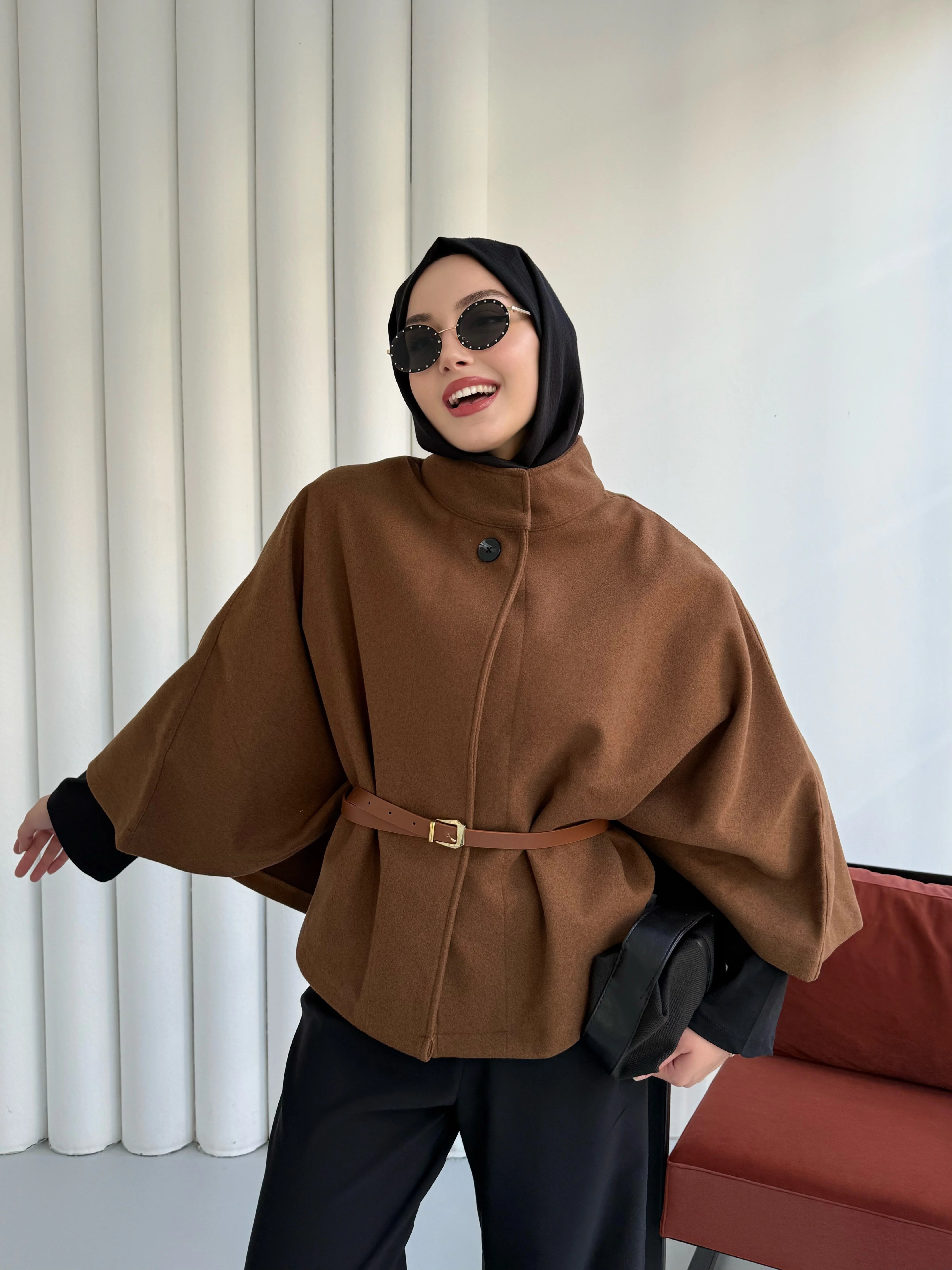 Hatun Atila Kaşe Pelerin Panço Kahverengi - 8720