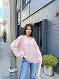 Nakışlı Oversize Yumuşak Dokulu Şardonlu Triko Kazak 2626 - Pembe