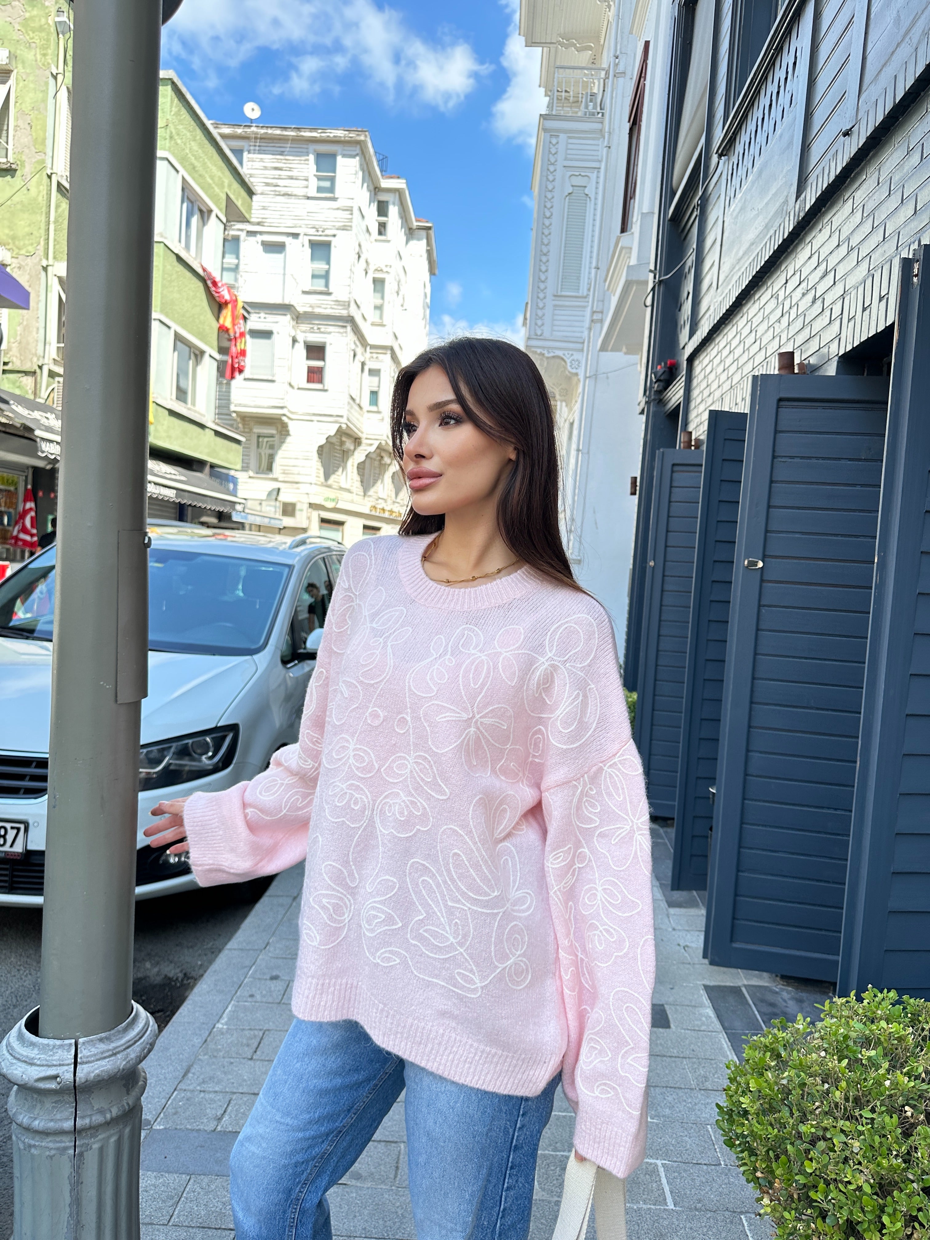 Nakışlı Oversize Yumuşak Dokulu Şardonlu Triko Kazak 2626 - Pembe
