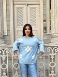 Papatya Desenli Oversize Yumuşak Dokulu Şardonlu Triko Kazak 1150 - Mavi