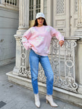 Papatya Desenli Oversize Yumuşak Dokulu Şardonlu Triko Kazak 1150 - Pembe