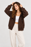 Kadın Fermuarlı Kapüşonlu Cepli Oversize Sweatshirt Hırka 27701 - Kahverengi