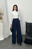 Pileli Yüksek Bel Geniş Paça Modal Kumaş Palazzo Pantolon 8039 - Lacivert