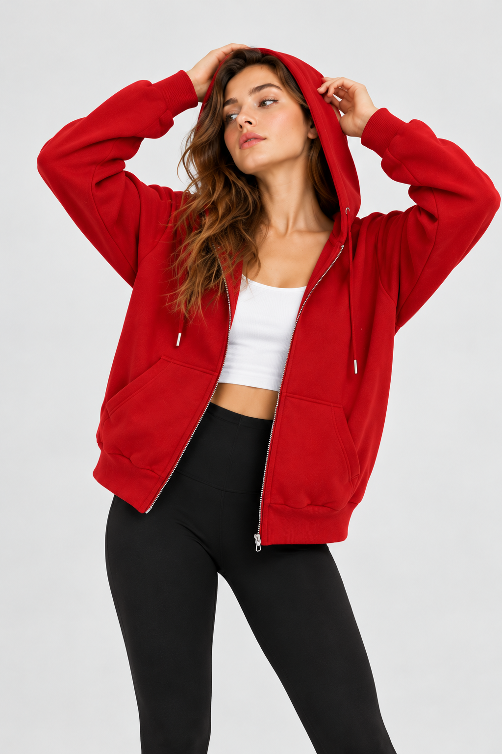 Kadın Fermuarlı Kapüşonlu Cepli Oversize Sweatshirt Hırka 27701 - Kırmızı