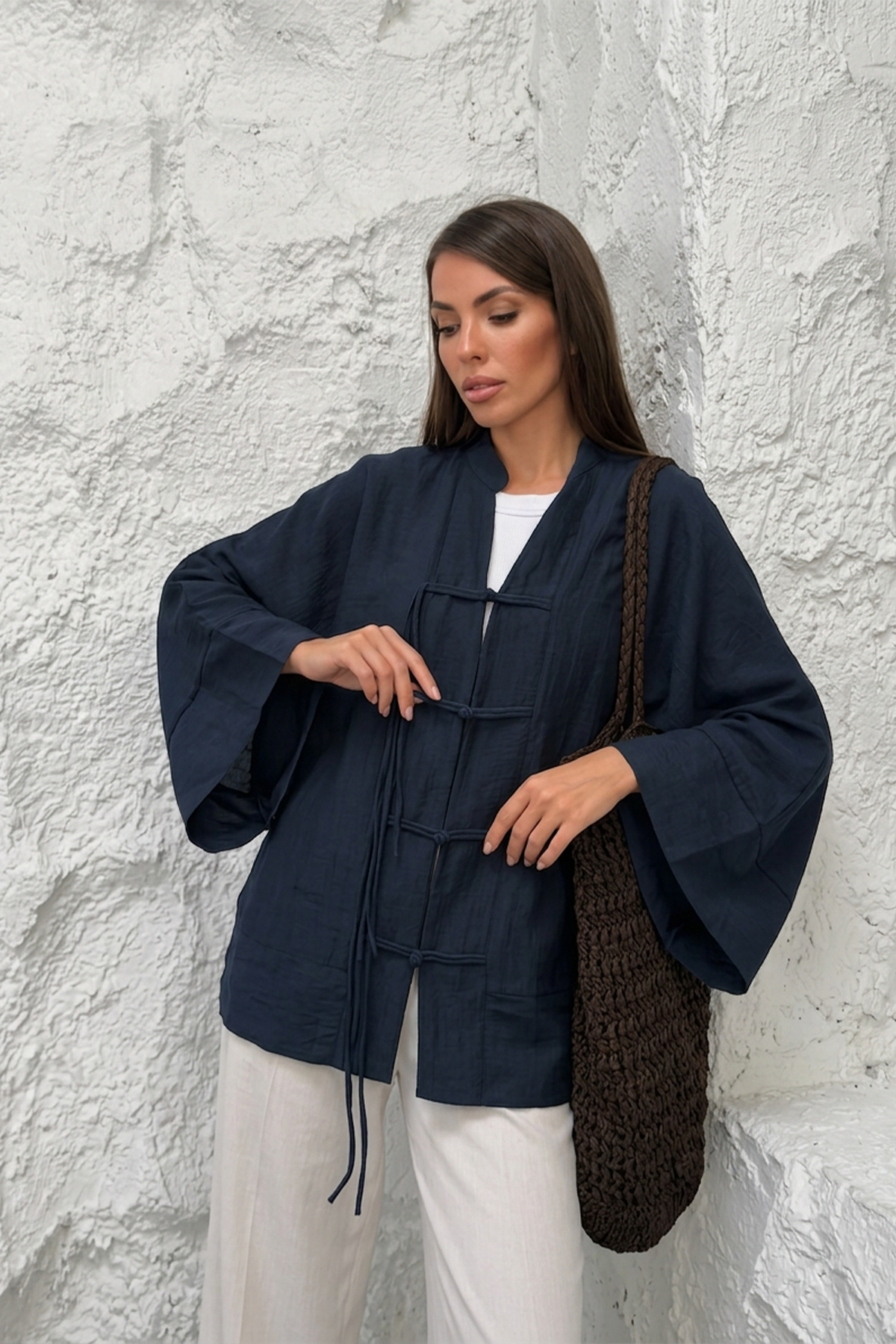 Kadın Hakim Yaka Brit Düğmeli Saçak Detaylı Geniş Kol Ceket Kimono 0133 - Lacivert