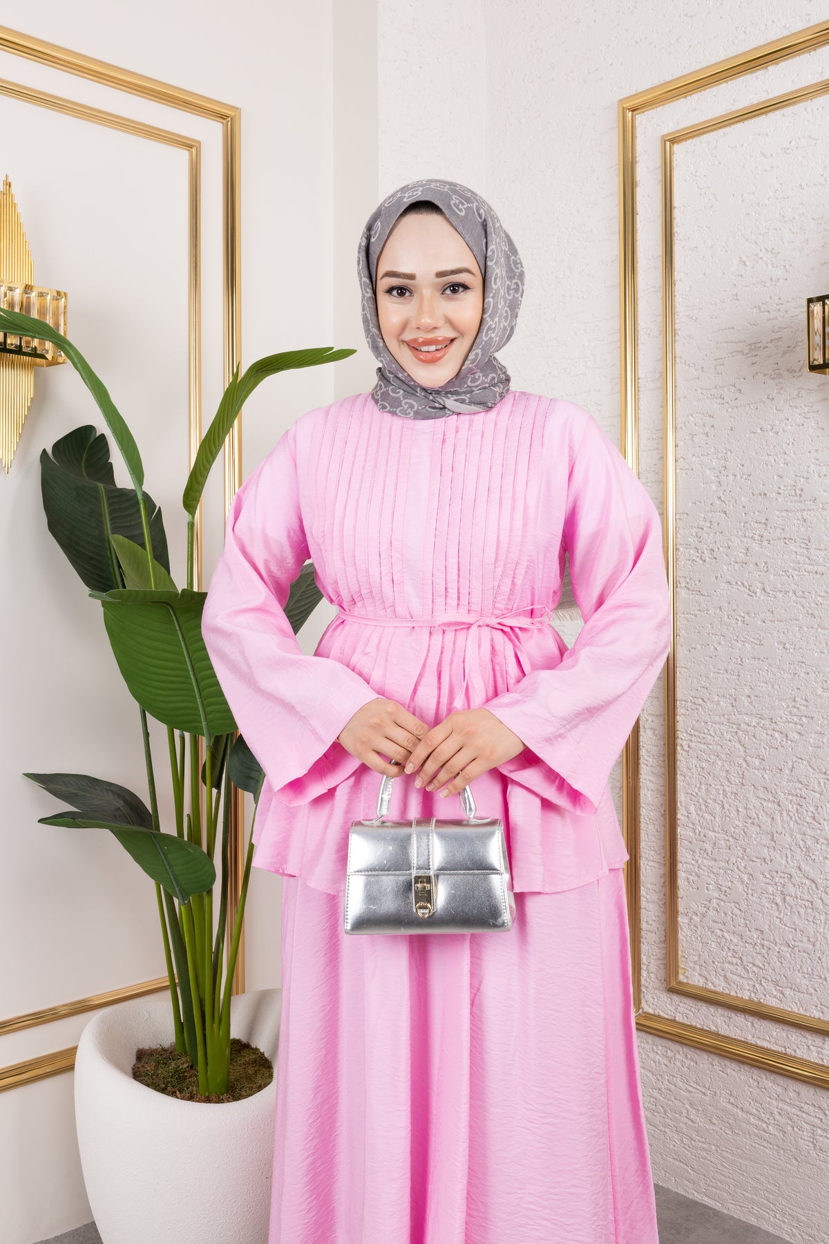 Nervürlü Bağcık Detaylı Bluz ve Dökümlü Etekli İkili Takım 8043 - Pembe