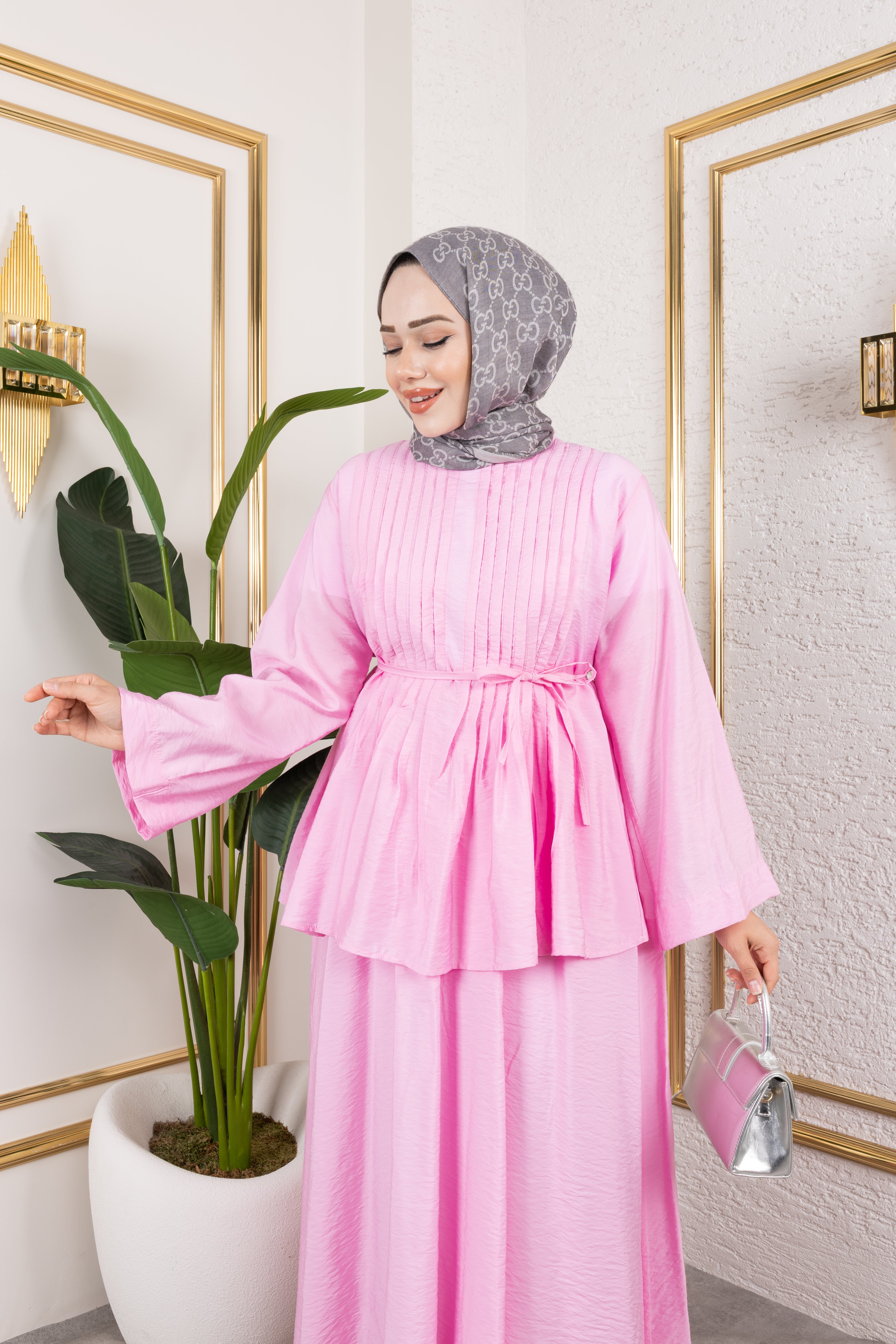 Nervürlü Bağcık Detaylı Bluz ve Dökümlü Etekli İkili Takım 8043 - Pembe