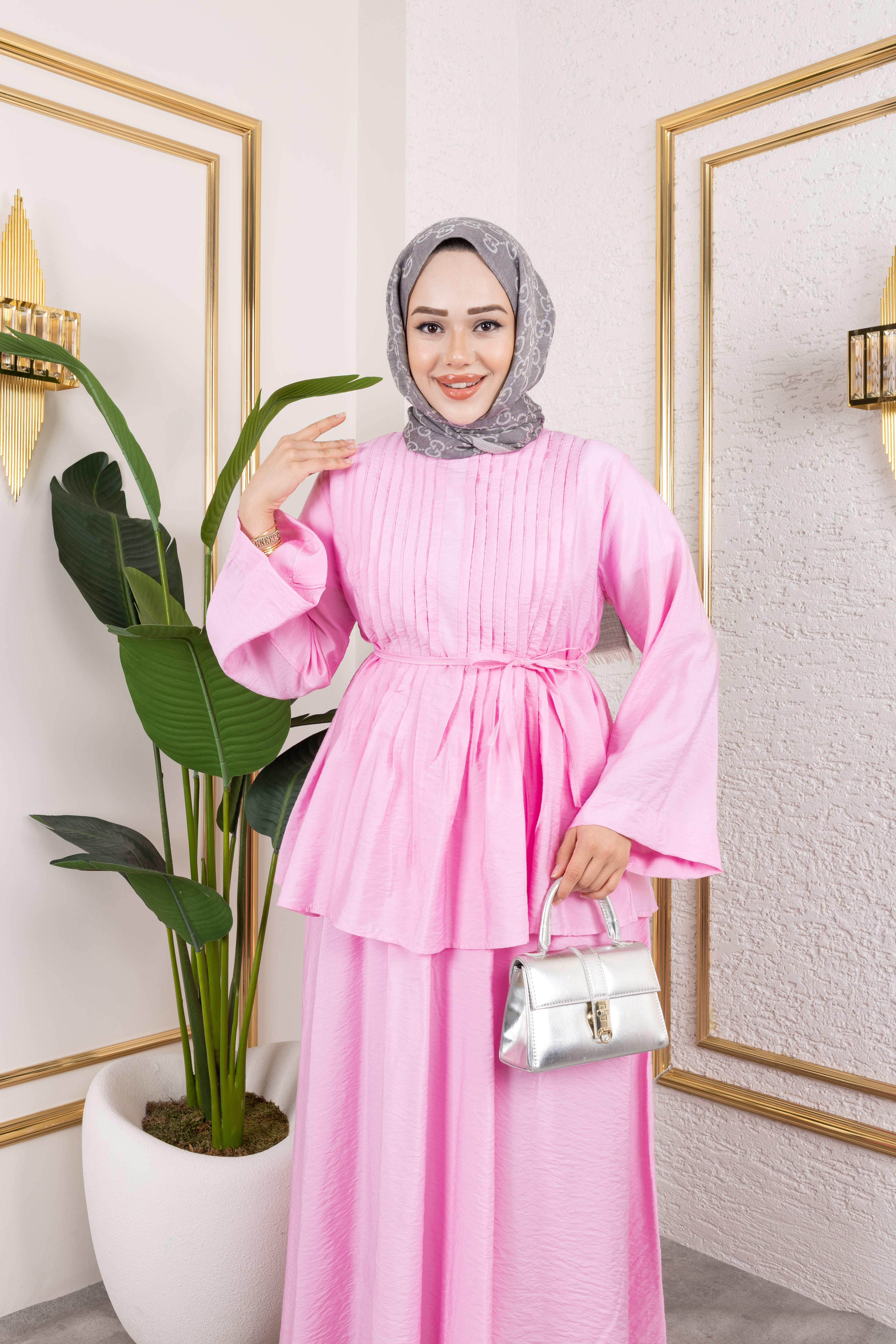 Nervürlü Bağcık Detaylı Bluz ve Dökümlü Etekli İkili Takım 8043 - Pembe