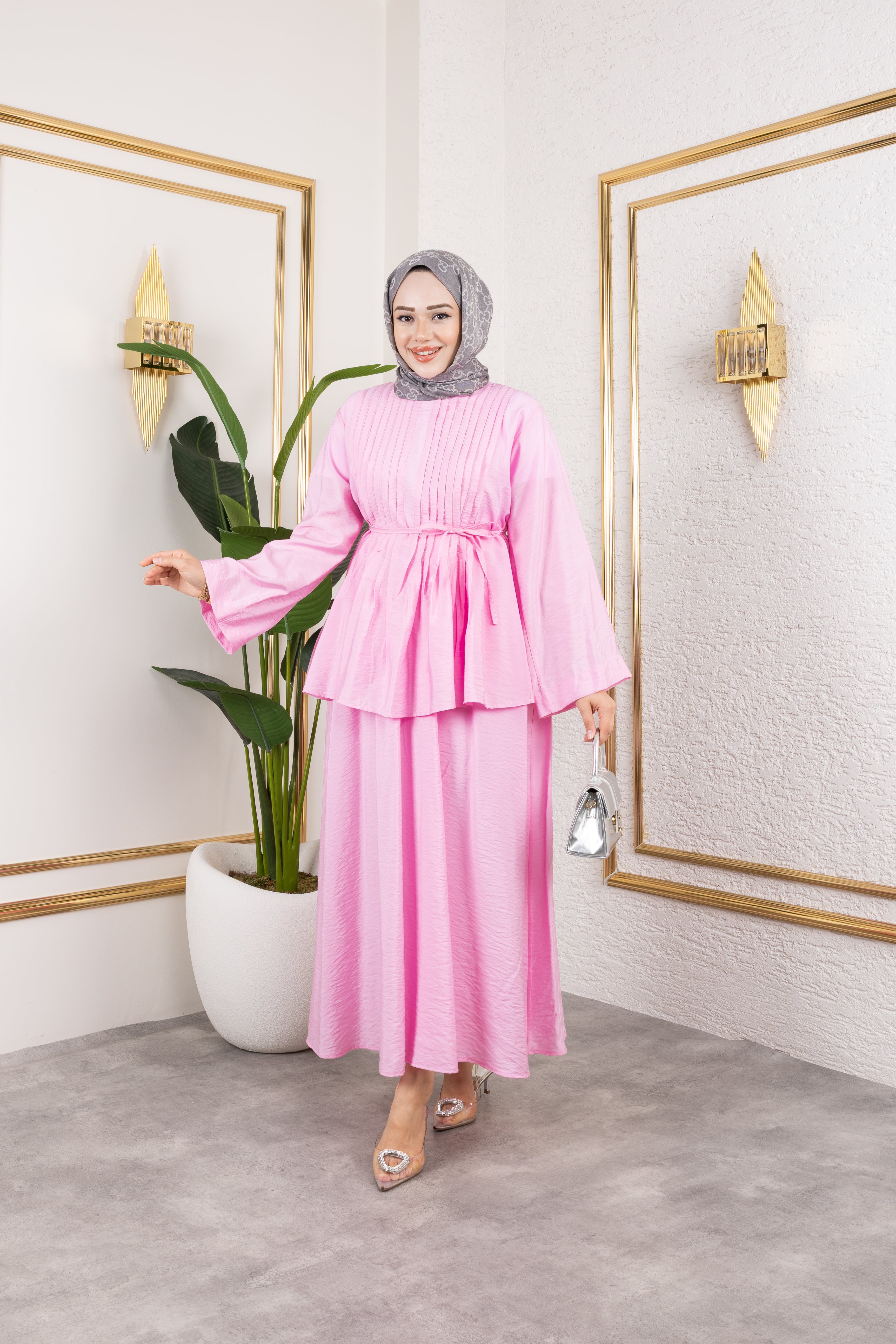 Nervürlü Bağcık Detaylı Bluz ve Dökümlü Etekli İkili Takım 8043 - Pembe