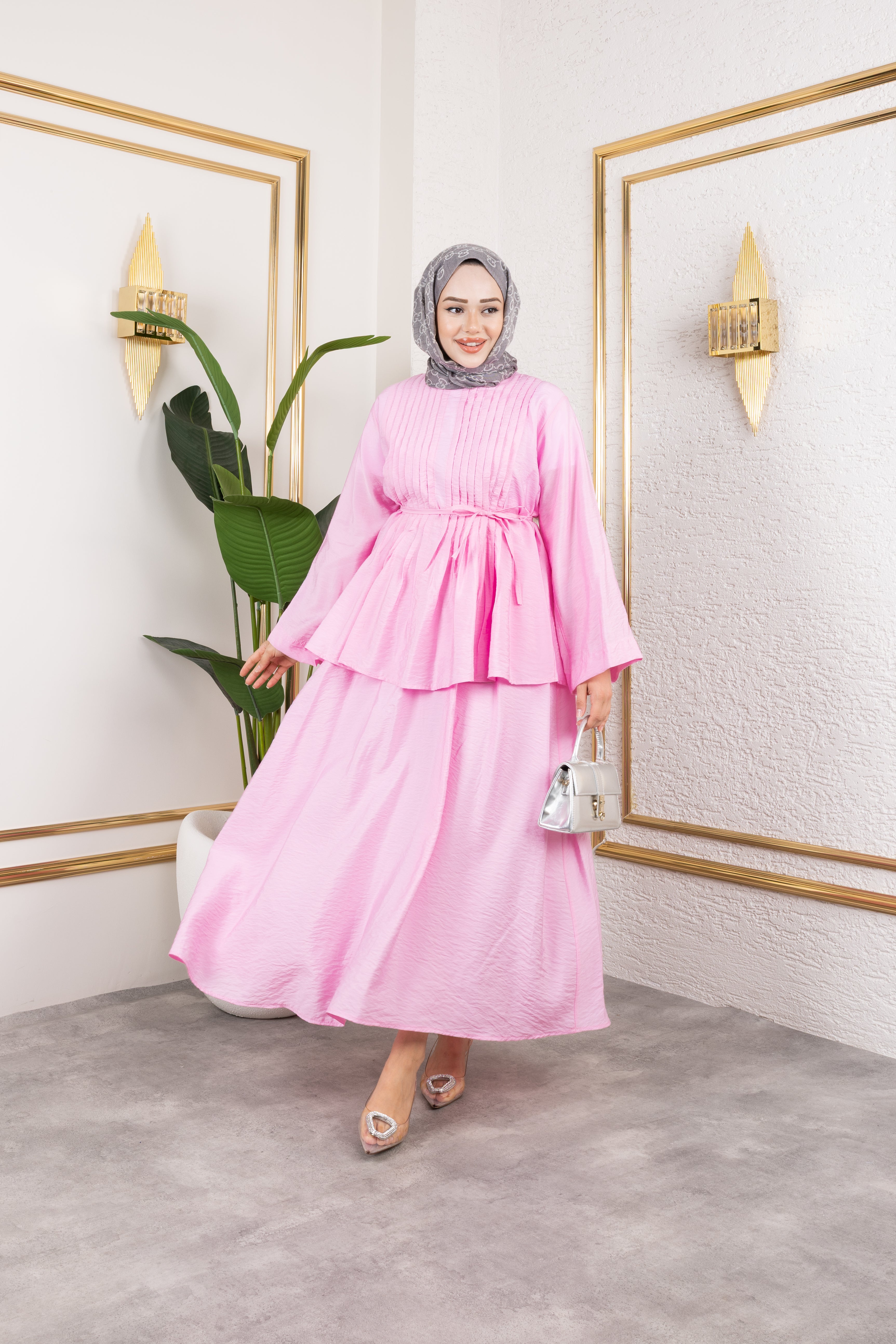 Nervürlü Bağcık Detaylı Bluz ve Dökümlü Etekli İkili Takım 8043 - Pembe