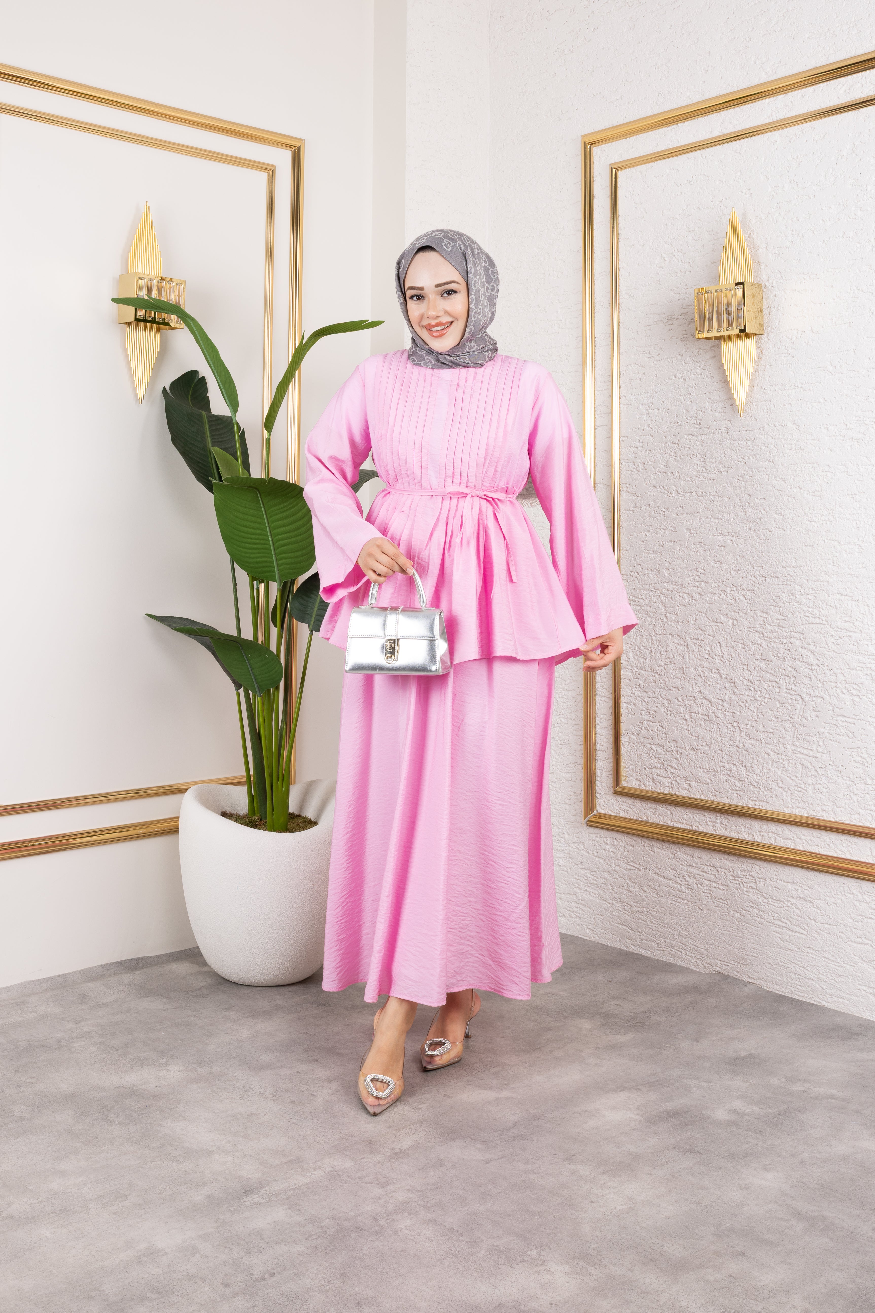 Nervürlü Bağcık Detaylı Bluz ve Dökümlü Etekli İkili Takım 8043 - Pembe