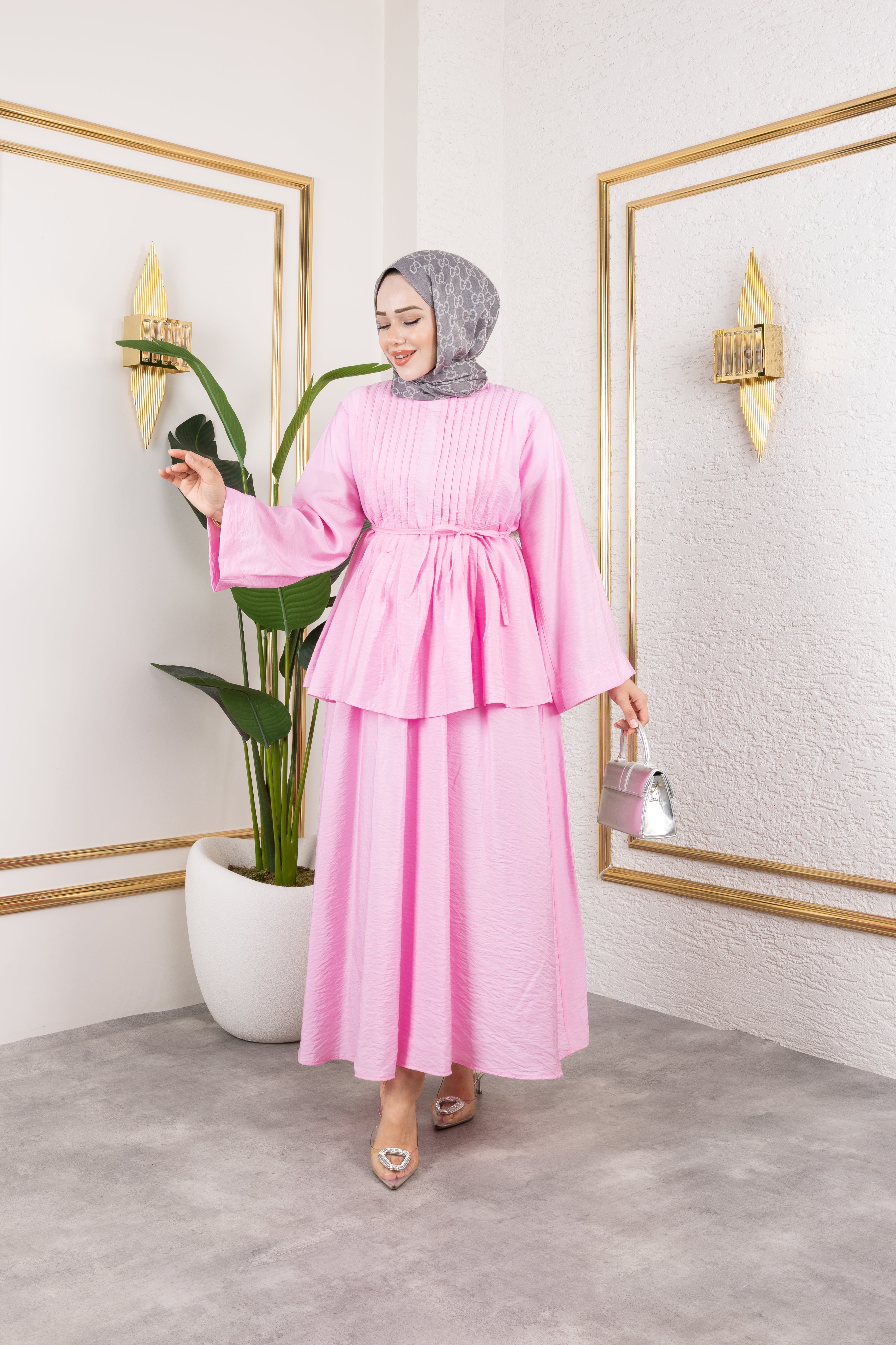 Nervürlü Bağcık Detaylı Bluz ve Dökümlü Etekli İkili Takım 8043 - Pembe