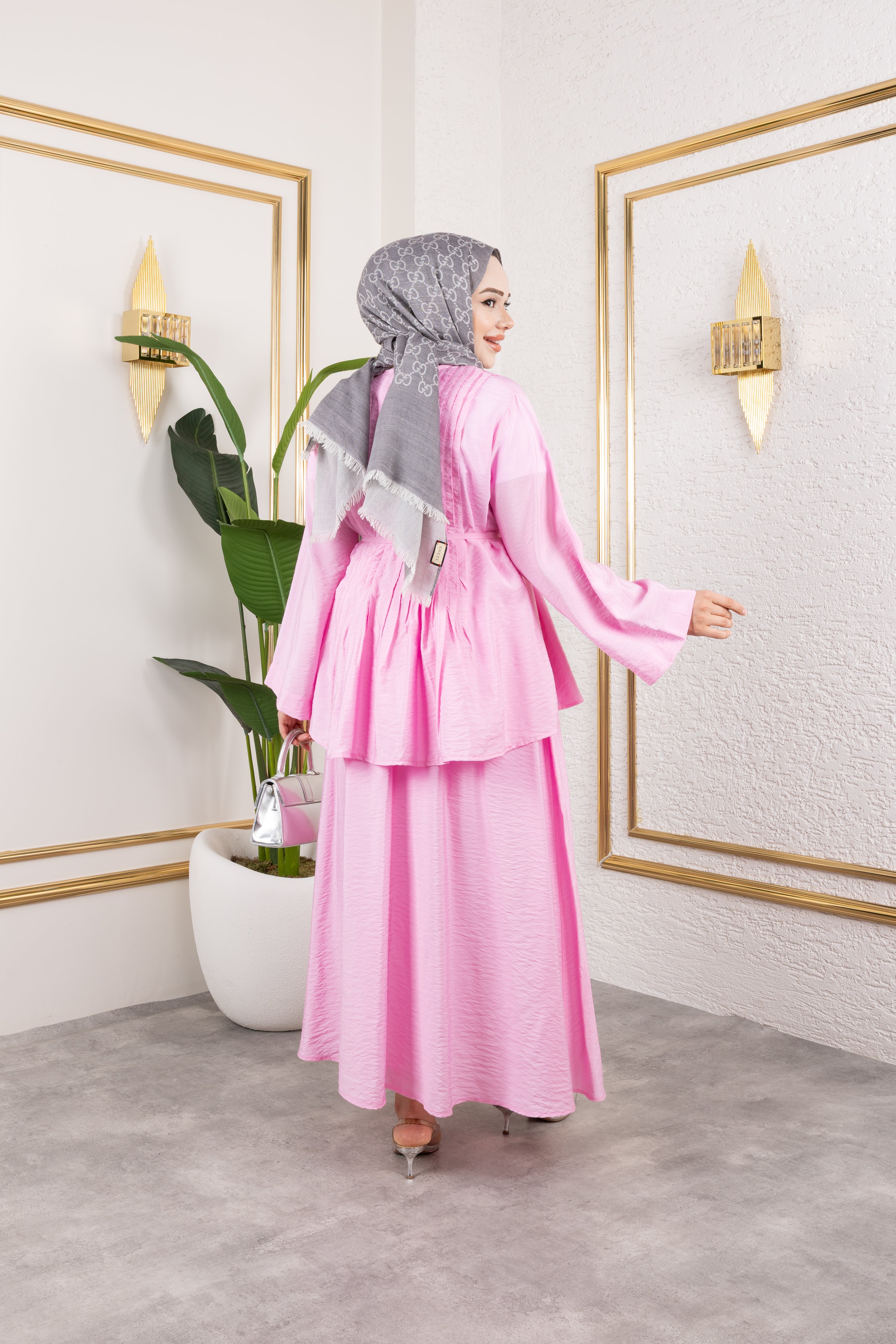 Nervürlü Bağcık Detaylı Bluz ve Dökümlü Etekli İkili Takım 8043 - Pembe