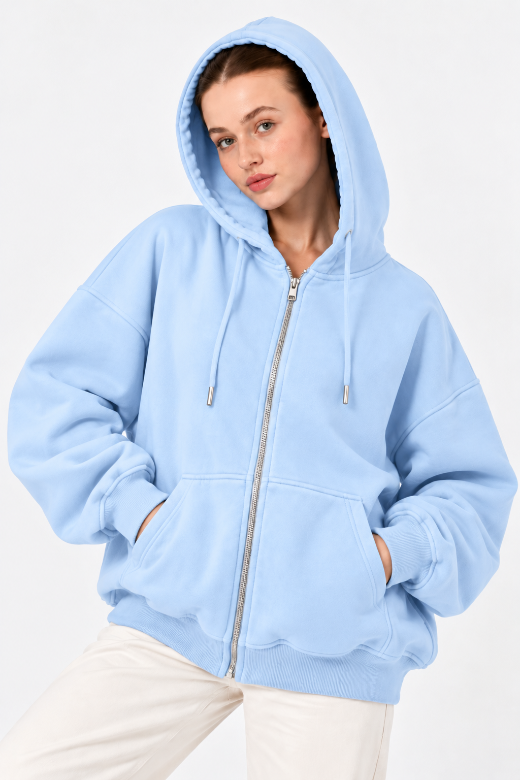 Kadın Fermuarlı Kapüşonlu Cepli Oversize Sweatshirt Hırka 27701 - Mavi