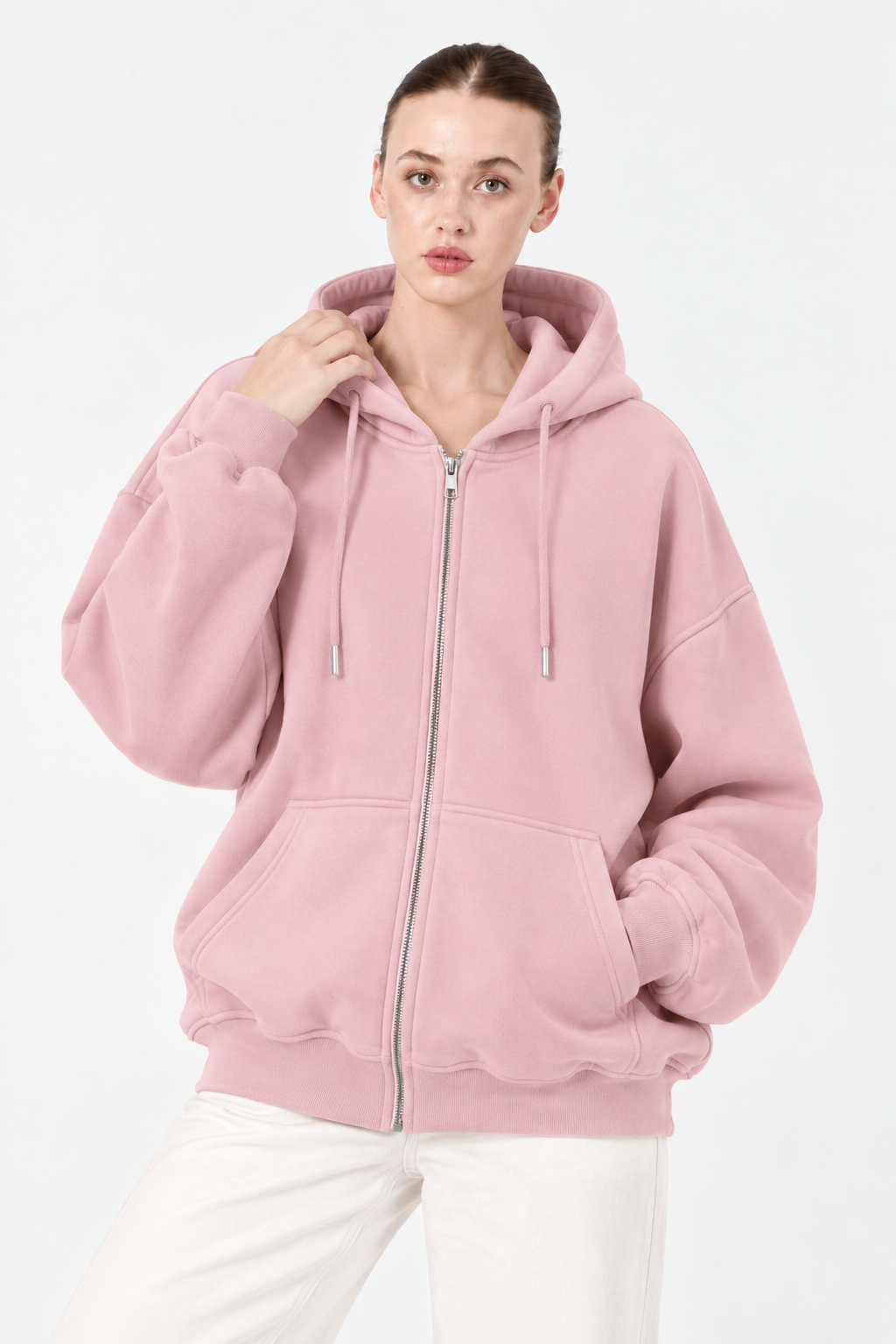 Kadın Fermuarlı Kapüşonlu Cepli Oversize Sweatshirt Hırka 27701- Pudra