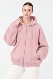 Kadın Fermuarlı Kapüşonlu Cepli Oversize Sweatshirt Hırka 27701- Pudra