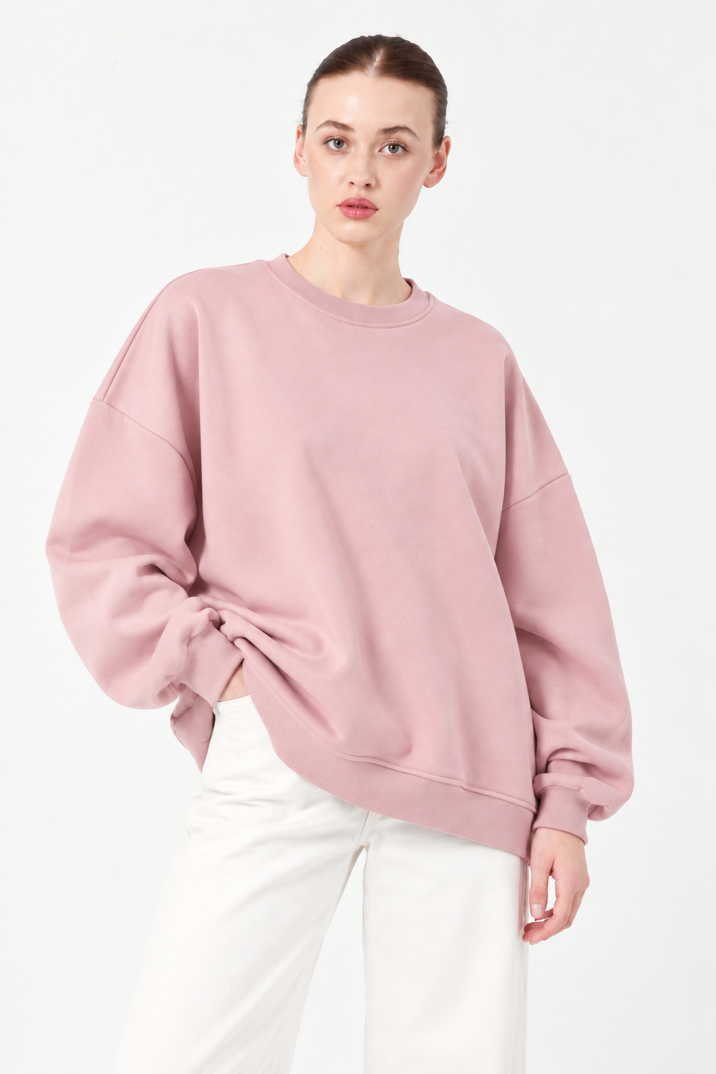 Şardonlu Üç İplik Sweatshirt Pudra- 27762