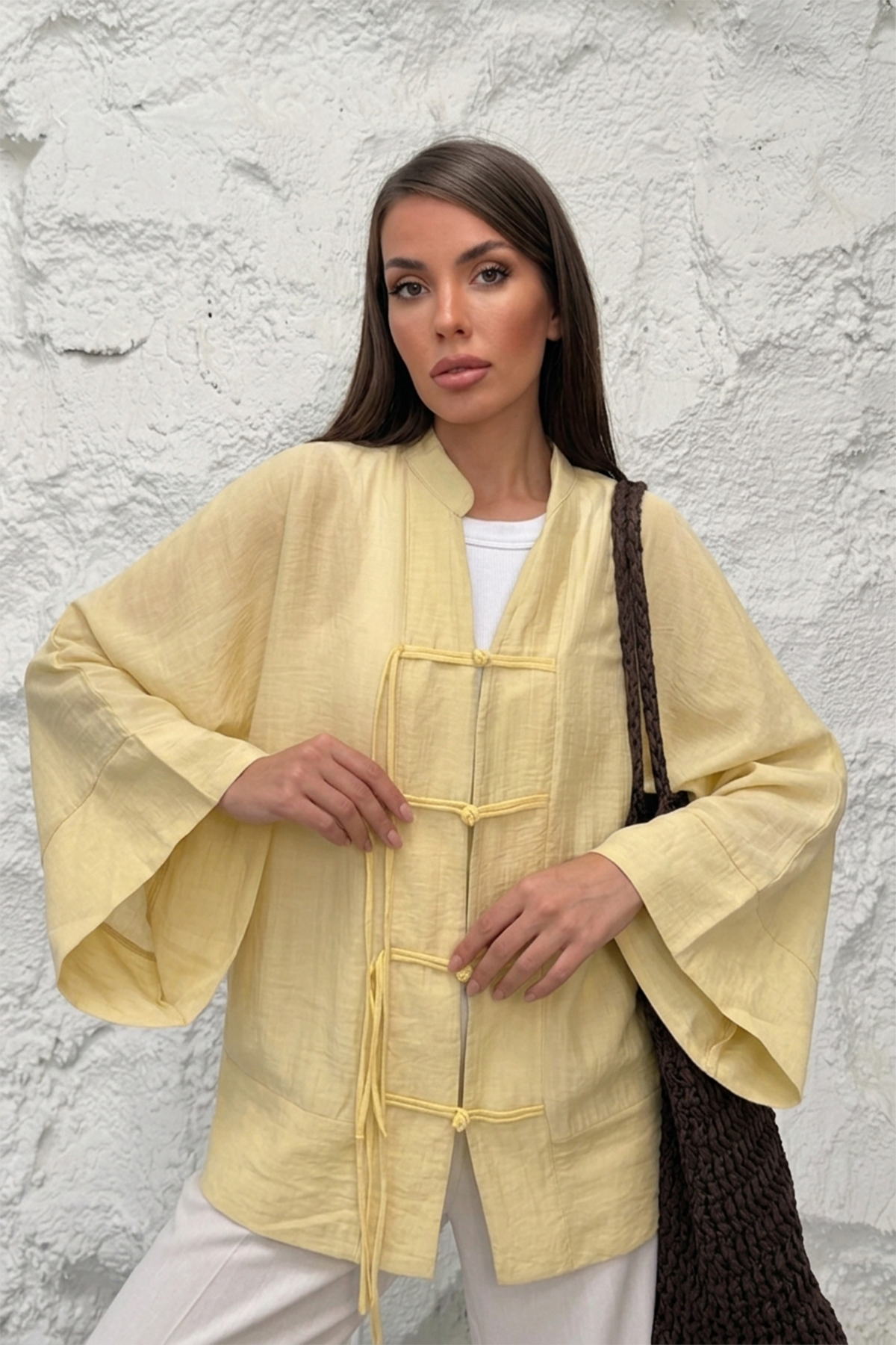 Kadın Hakim Yaka Brit Düğmeli Saçak Detaylı Geniş Kol Ceket Kimono 0133 - Sarı