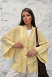 Kadın Hakim Yaka Brit Düğmeli Saçak Detaylı Geniş Kol Ceket Kimono 0133 - Sarı