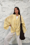 Kadın Hakim Yaka Brit Düğmeli Saçak Detaylı Geniş Kol Ceket Kimono 0133 - Sarı