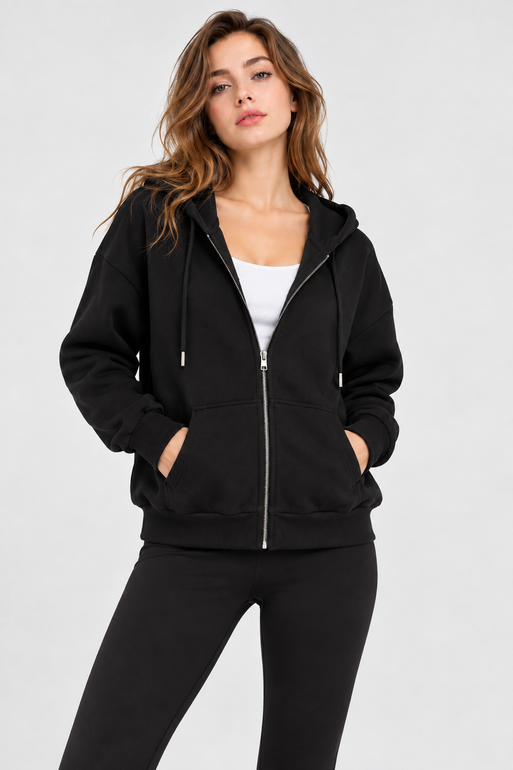 Kadın Fermuarlı Kapüşonlu Cepli Oversize Sweatshirt Hırka 27701 - Siyah