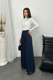 Pileli Yüksek Bel Geniş Paça Modal Kumaş Palazzo Pantolon 8039 - Lacivert