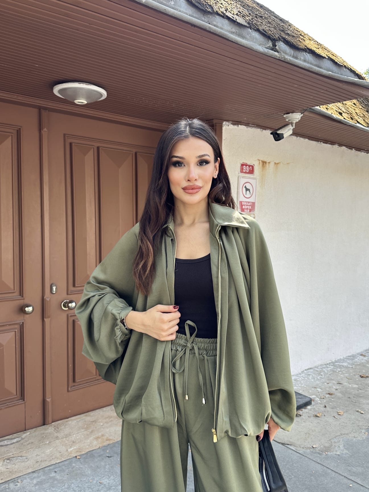 Saten Büzgülü Pileli Bumber Ceket Pantolon Takım 3015 - Haki