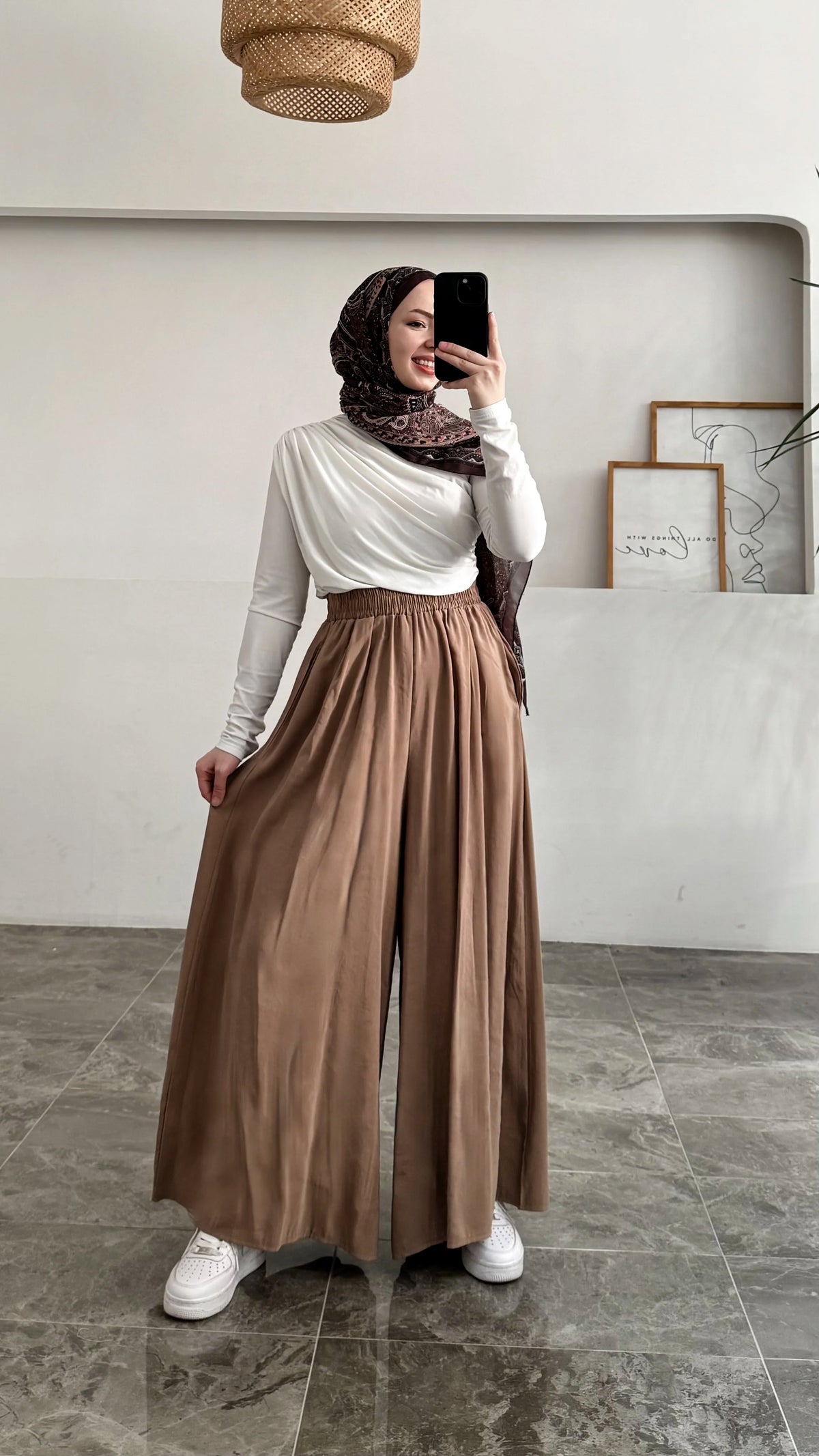 Beli Lastikli Geniş Paça Modal Etekli Pantolon 8809 - Karamel