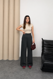 Yüksek Bel Beli İçten Lastikli Çima Detaylı Geniş Paça Pantolon 8908 - Antrasit