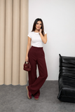 Yüksek Bel Beli İçten Lastikli Çima Detaylı Geniş Paça Pantolon 8908 - Bordo
