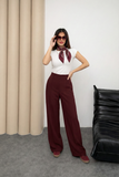 Yüksek Bel Beli İçten Lastikli Çima Detaylı Geniş Paça Pantolon 8908 - Bordo