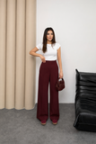 Yüksek Bel Beli İçten Lastikli Çima Detaylı Geniş Paça Pantolon 8908 - Bordo