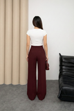 Yüksek Bel Beli İçten Lastikli Çima Detaylı Geniş Paça Pantolon 8908 - Bordo