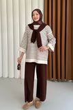 Çizgili Omuz Atkılı Tunik ve Pantolonlu Triko İkili Takım 4011 - Kahverengi